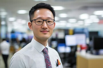 Fototapeta premium A professional-looking man with glasses smiles confidently in a modern office environment, surrounded by blurred screens and colleagues.