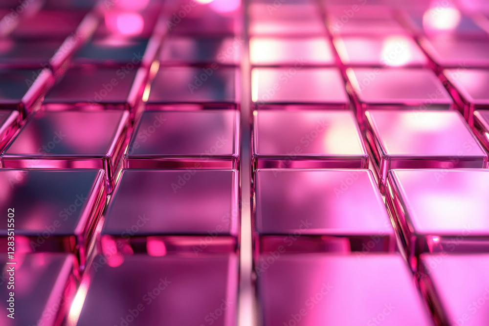 Poster Shiny pink cubes arranged in a grid pattern, reflecting light and creating a modern, abstract design.