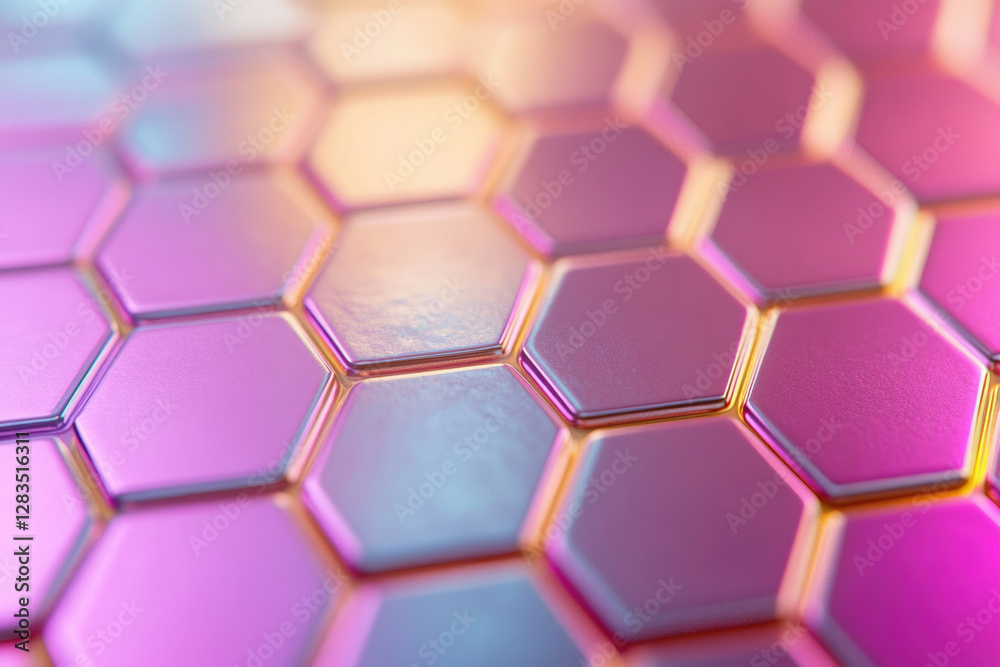 Poster abstract image of iridescent pink and purple hexagons, creating a honeycomb pattern.