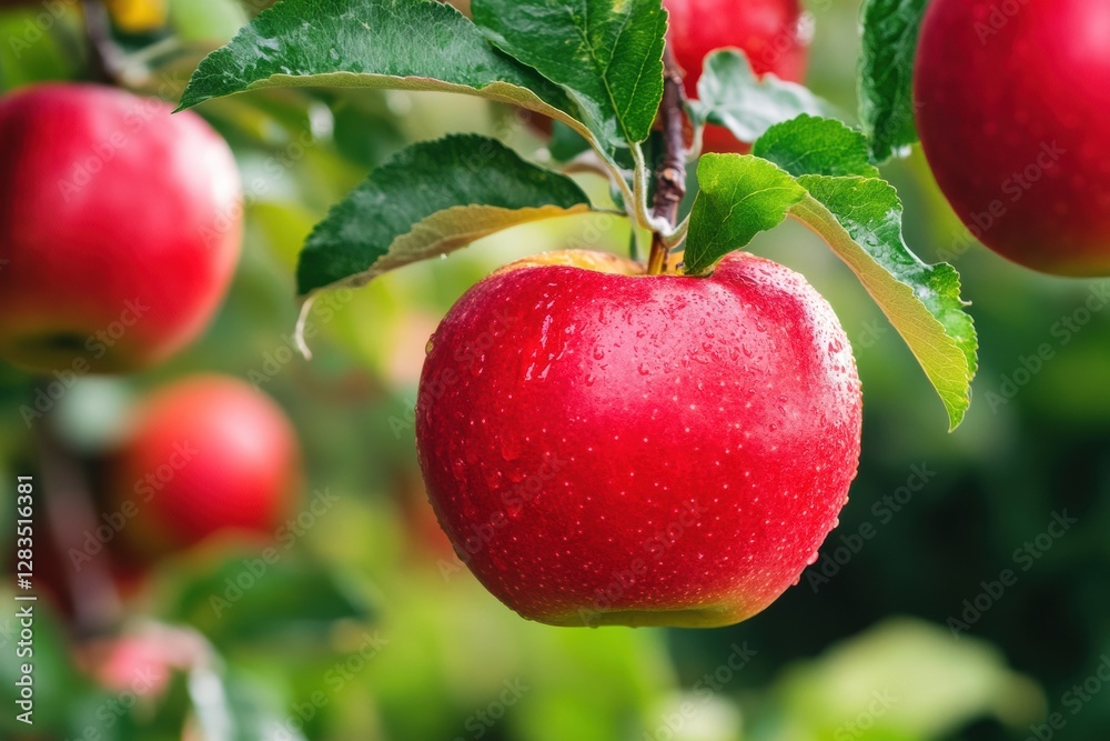 Poster bright red apples glistening with dew on a tree branch in a sunny orchard during harvest season. gen