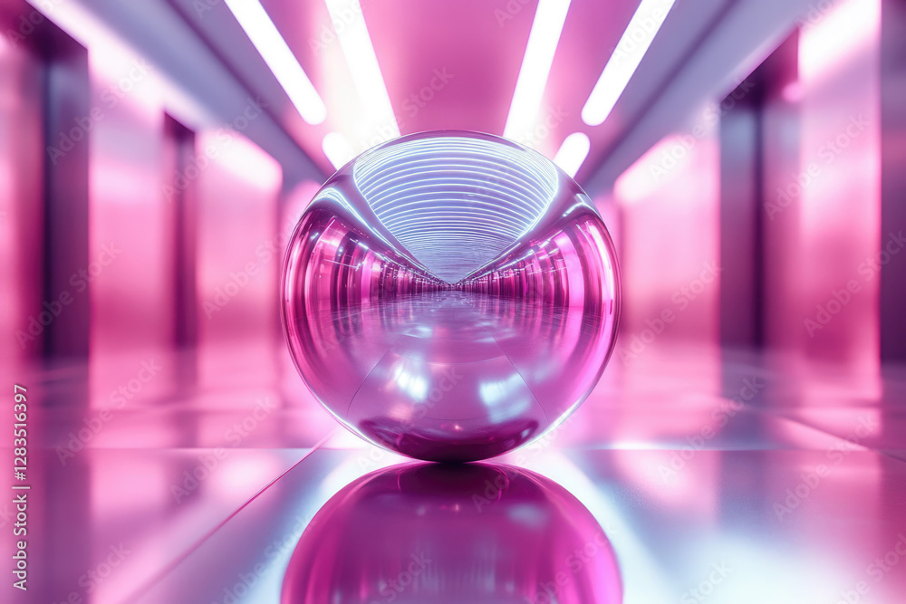 Poster a reflective sphere sits in a pink neon-lit corridor, creating a mesmerizing symmetrical effect.