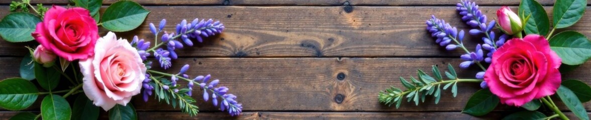 Fototapeta premium Floral wreath made of roses, lavender and eucalyptus on a wooden background, floral wreath, rustic, wood