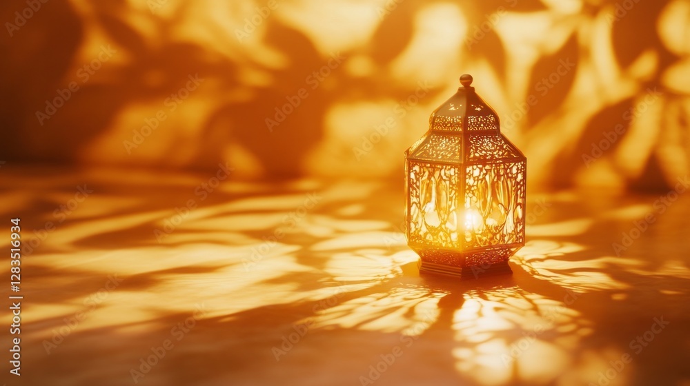 Poster A beautifully crafted lantern glows warmly in a serene space. Surrounding it are soft golden reflections, creating intricate patterns and a cozy atmosphere that invites relaxation