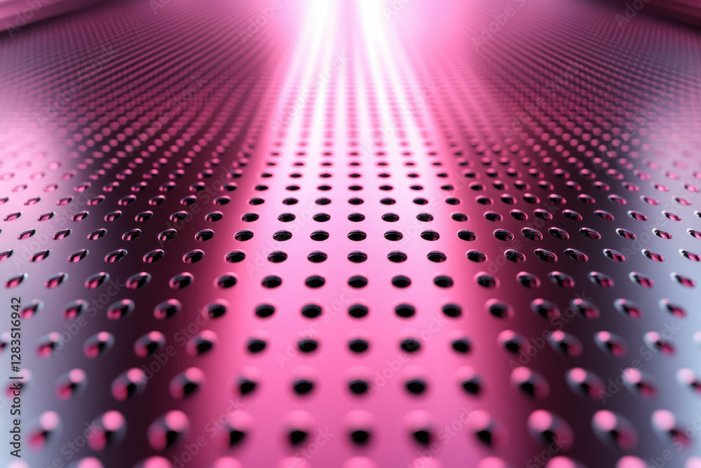 Poster Abstract image of a pink metal sheet with regularly spaced circular holes, creating a perspective effect.