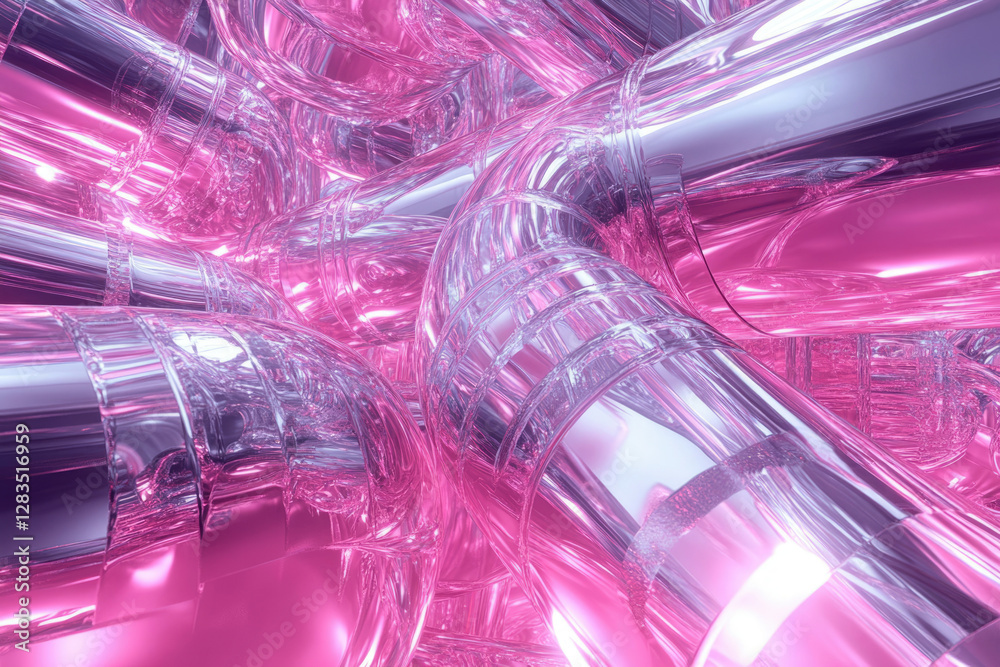 Poster abstract pink and silver metallic tubes intertwined, creating a complex, futuristic and glossy desig