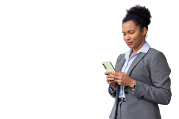 Confident African American business leader navigating business apps on her phone