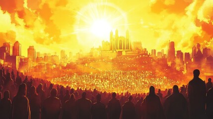 Obraz premium Illustration revelation of Jesus Christ, new testament, religion of christianity, heaven and hell over the crowd of people, Jerusalem of the bible --