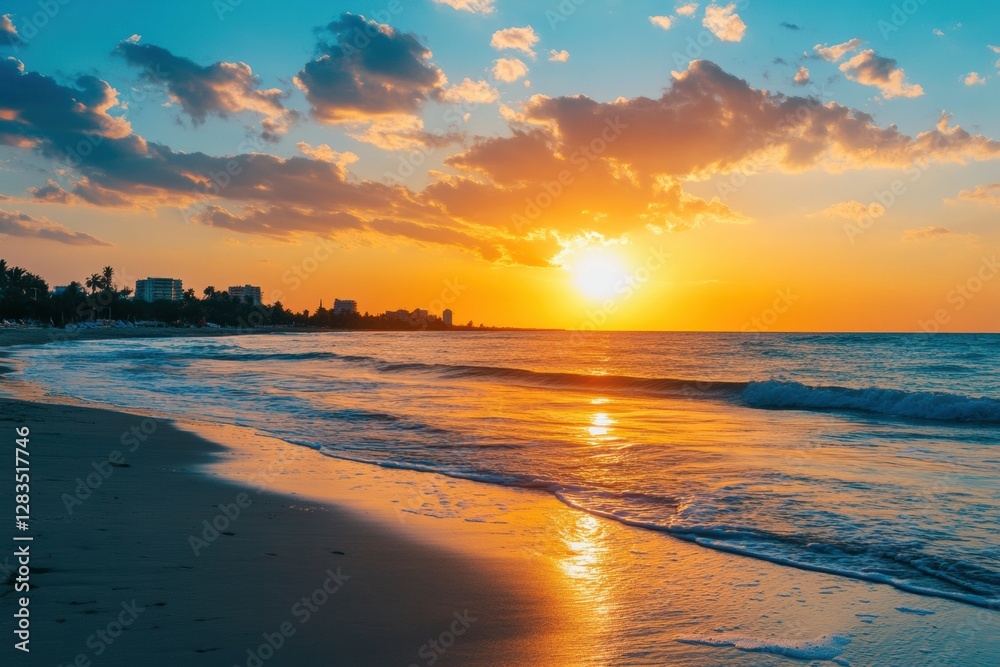 Poster Sunset over tranquil beach with gentle waves reflecting orange and blue sky during evening hours. Generative AI