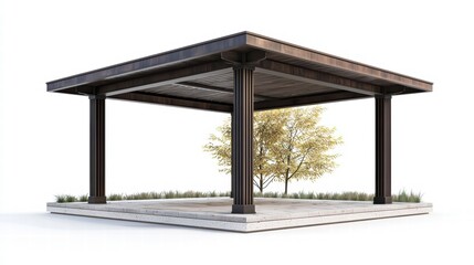 Fototapeta premium Modern Garden Pavilion with Tree: A contemporary pavilion featuring a minimalist design, complete with a flat roof and strong pillars. The structure frames a serene view of a tree and some greenery. 