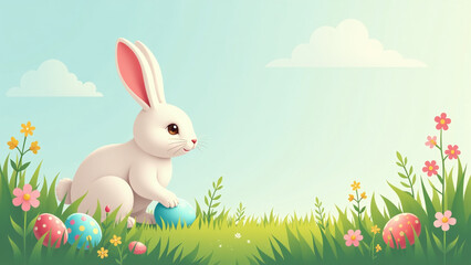 Fototapeta premium easter bunny hides eggs beautiful green meadow surrounded colorful flowers