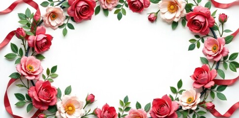 Floral wreath with flowers, greenery and ribbons, ribbons, garland, bouquets