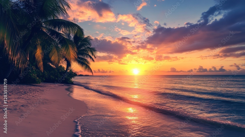 Poster beautiful sunset over calm ocean waters with silhouettes of palm trees on a tranquil beach during go