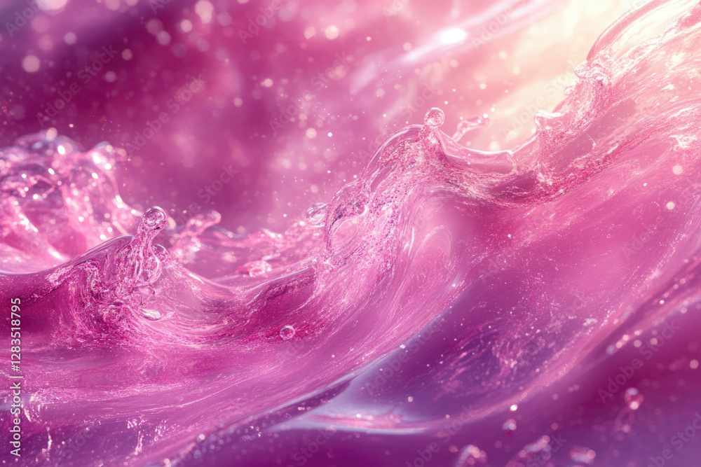 Poster pink liquid swirls with glistening texture and bokeh effect, creating a dreamy, ethereal aesthetic.