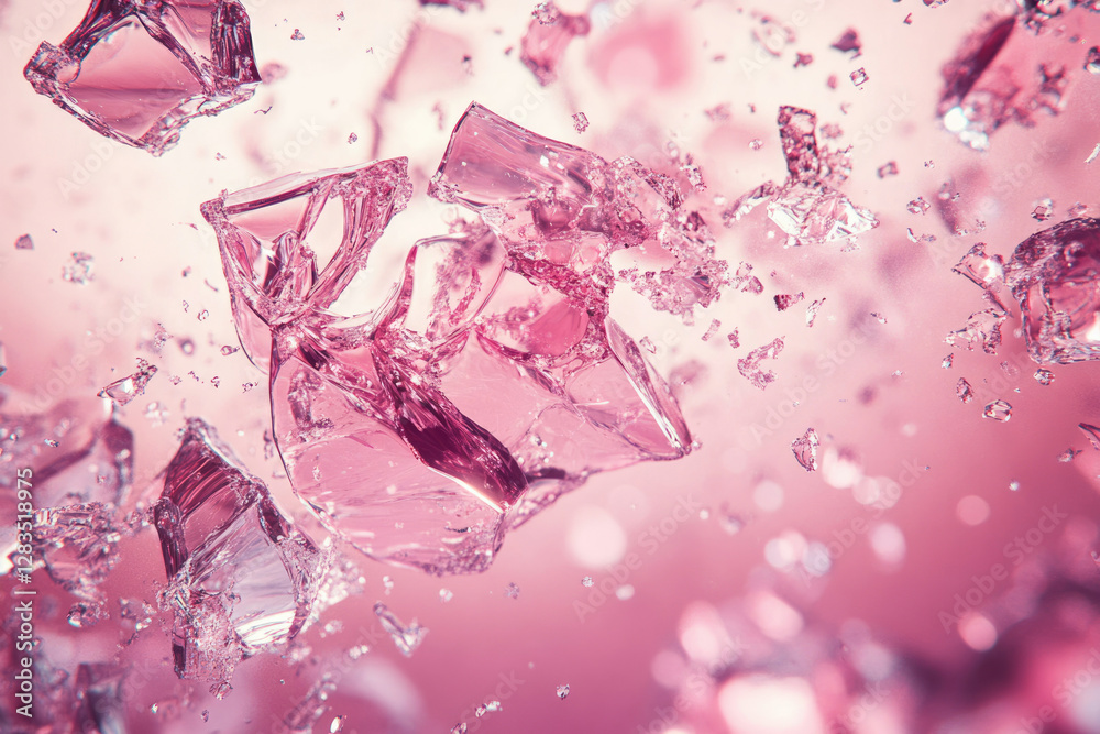 Aufkleber shattered pink glass fragments explode in slow motion, creating a mesmerizing abstract art.