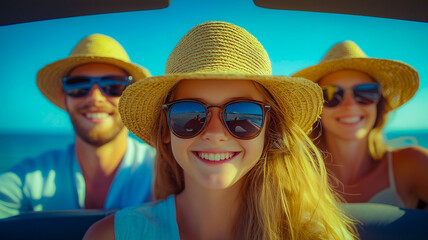 Fototapeta premium Summer Vibes: Family's Radiant smiles during summer trip, sporting hats and sunglasses. Capture the blissful summer day.