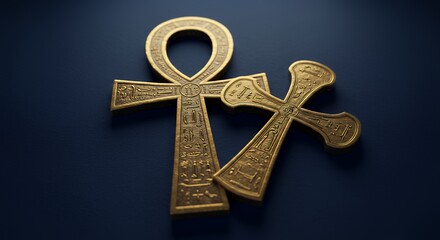 Golden Ankh and Cross with Hieroglyphs Symbolizing Ancient Religious Beliefs