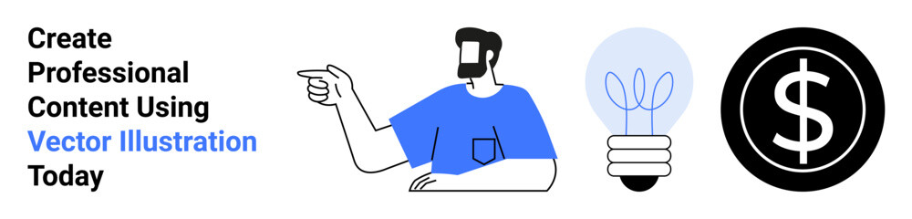 Man pointing at innovative ideas represented by a glowing light bulb, alongside a bold dollar sign symbol. Ideal for creativity, innovation, marketing, business strategy, entrepreneurship, growth