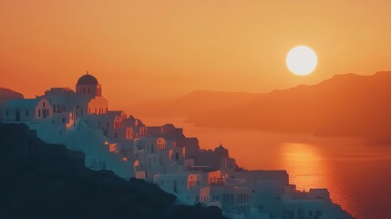 Sunset over whitewashed village by the sea.