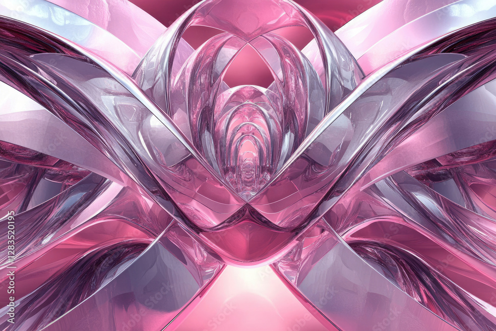 Poster abstract pink and silver glass sculpture with intricate curves and reflections, creating a mesmerizi