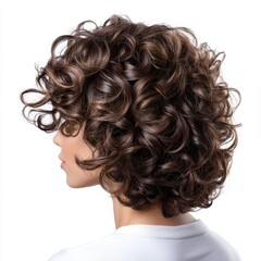 A woman with curly brown hair is shown with a white background