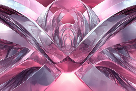 Abstract pink and silver glass sculpture with intricate curves and reflections, creating a mesmerizing symmetrical design.