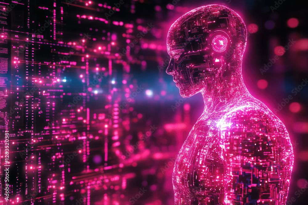 Poster A glowing digital human, composed of circuit lines, stands before a binary code backdrop, symbolizing the fusion of humanity and technology.