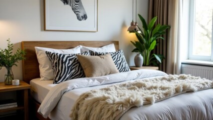 Cozy bedroom with zebra print bedding and houseplants next to a sunlit window