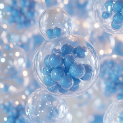 GClose-up of blue exosome particles inside transparent spheres. 3D illustration of exosomes in biotechnology. Scientific visualization related to cosmetology and trichology.enerated image