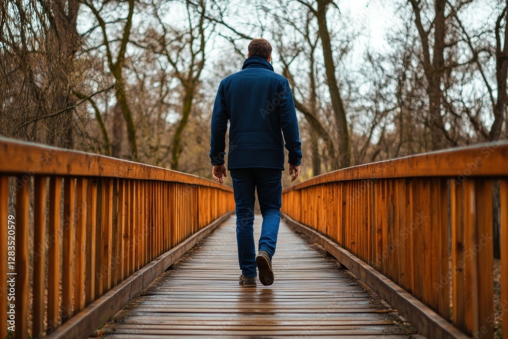 Poster Man walks alone on wooden bridge surrounded by trees in a tranquil setting during autumn. Generative AI