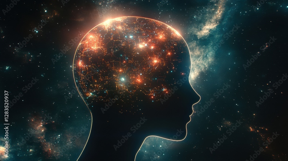 Aufkleber Silhouette of a human head illuminated by glowing quantum circuits representing advanced technology concepts. Generative AI