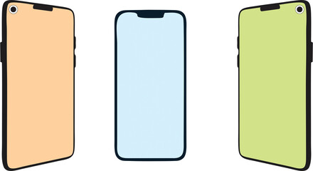 Realistic mobile phone mockups in different angles and blank screen. 3D mockups frontal, isometric, perspective and rotated position. UI,UX smartphones, Isolated cell phones.