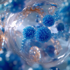 GClose-up of blue exosome particles inside transparent spheres. 3D illustration of exosomes in biotechnology. Scientific visualization related to cosmetology and trichology.enerated image