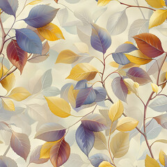 A seamless pattern of colorful leaves in various shades, creating a decorative design.