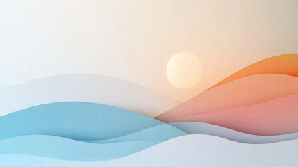Soft, flowing shapes in pastel tones with a faint sun, forming wave-like layers. Ideal for backgrounds, websites, or modern design projects.