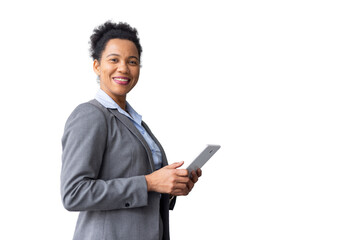 Determined African American business leader reading documents on a tablet