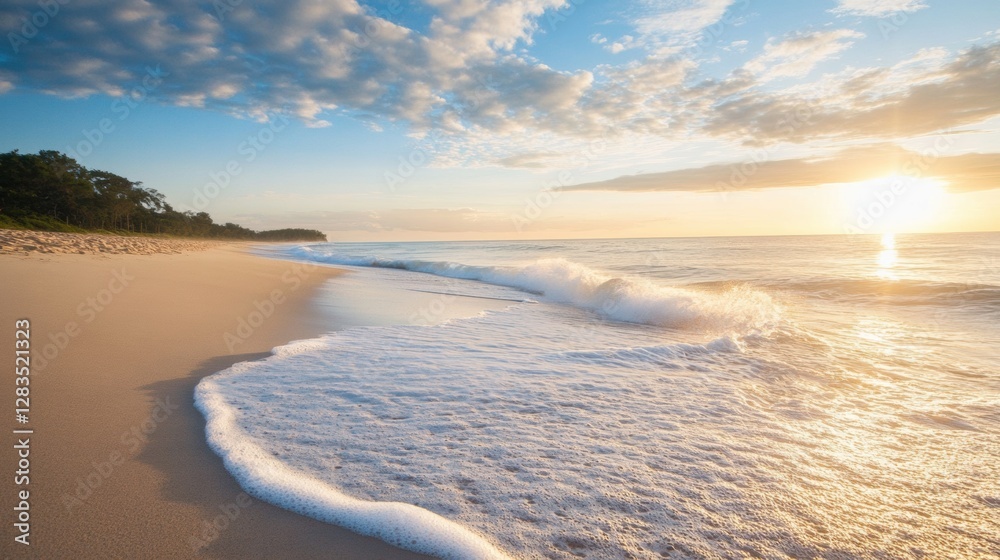Poster Sunrise over a tranquil beach with gentle waves lapping at the shore. Generative AI