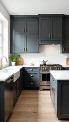 Bright white subway tile kitchen, dark grey island, industrial, elegant, lighting