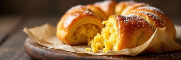 Close up of a golden galette des rois, showing flaky layers and a paper crown , texture, bakery