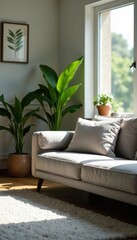 Cozy gray sofa in a sunlit living room with plants, grey, room, natural light