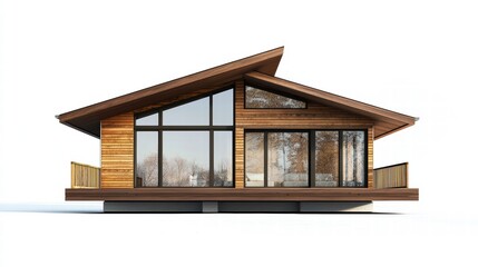 Modern Cabin with Expansive Windows: A contemporary cabin design featuring a sleek wooden exterior, large windows, and a sloping roof, evoking a sense of modern rustic living.  