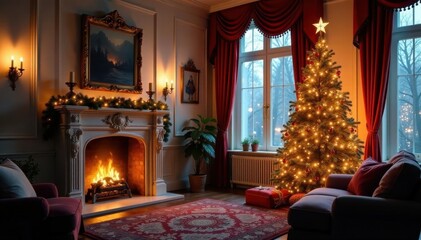 Elegant living room, ornate fireplace & sparkling Christmas tree , seasonal, holiday cheer, mantel