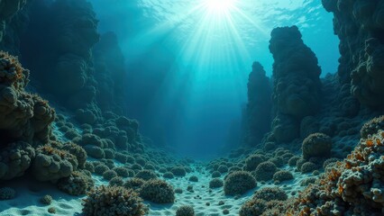 Fototapeta premium Underwater view of a dead coral reef affected by severe coral bleaching with sunlight filtering through 