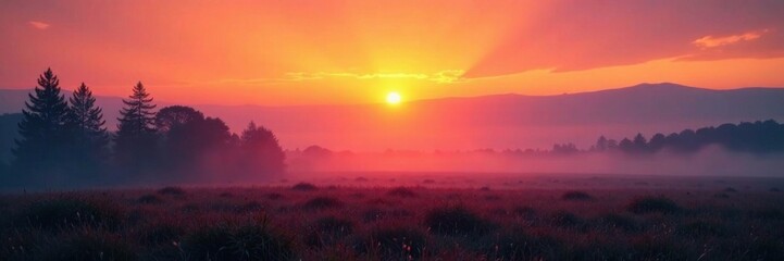 Foggy landscape at sunset, landscape, mist, serene