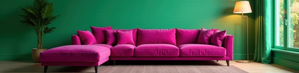 Green living room wall, fuchsia velvet sofa, ambient lamp , ambient lighting, green wall decor, elegant
