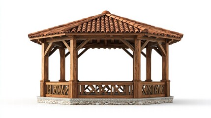Wooden Gazebo with Tile Roof: A charming octagonal gazebo crafted from rich brown wood, features a terracotta tile roof and intricate wooden railings. Perfect for garden relaxation or outdoor events.