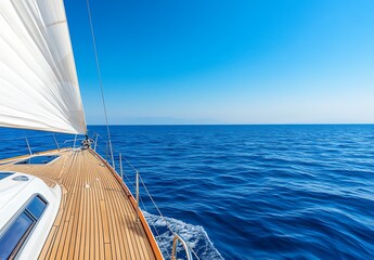 Yacht sailing on ocean, blue sky background, leisure travel, nautical adventure