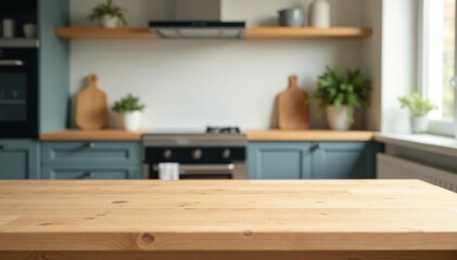 Light oak kitchen table, blurred Scandinavian backdrop, minimal, design