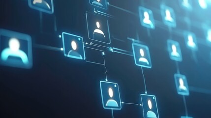 Abstract concept of human resource management with glowing user icons connected by a digital network, blue background, no people