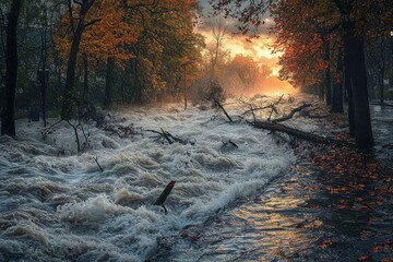 A flooded river during autumn sunset, with vibrant colors reflecting on the turbulent water, branches and fallen leaves creating a dramatic and melancholic landscape view.