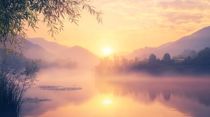 Fototapeta premium Foggy Golden Sunrise Over Tranquil Lake With Lush Mountains And Reflecting Light
